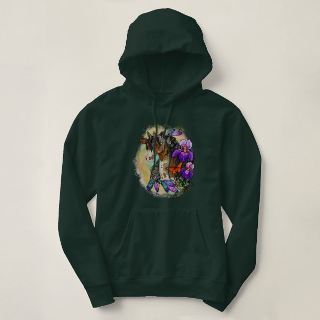 Pull À Capuche Peindre Cheval Mustang avec Iris et papillons (Design devant)