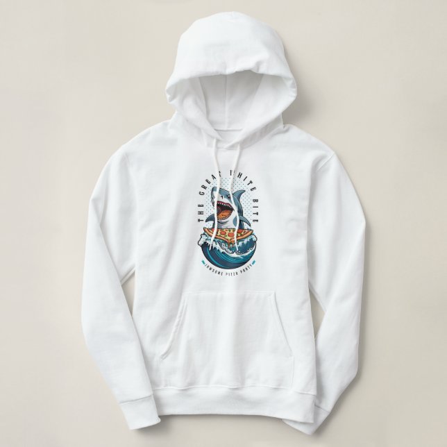 Pull À Capuche Pizza pour manger des requins | Le Grand Bite Blan (Design devant)