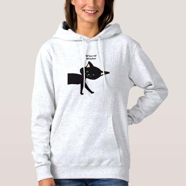 Pull À Capuche Quelle Sorcière ! Chat noir drôle avec yeux verts (Devant)