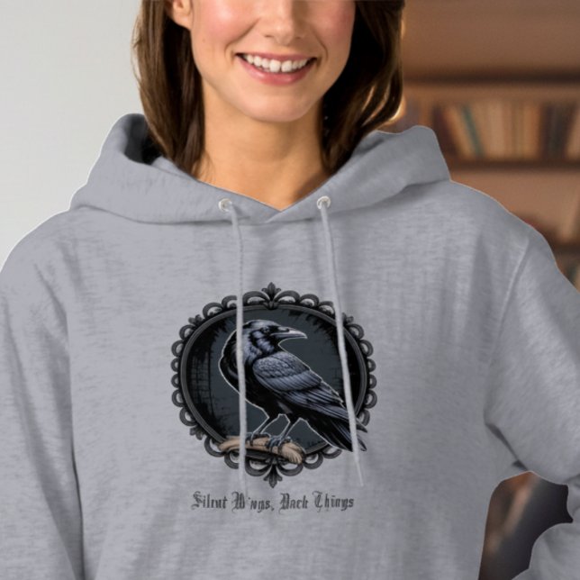 Pull À Capuche Raven Art Gris Vintage (Black gothic raven hoodie)