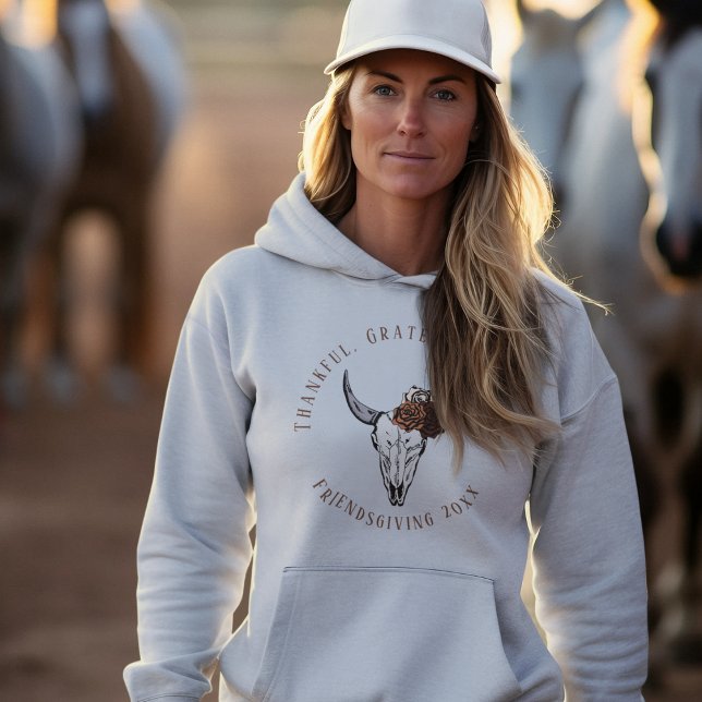 Pull À Capuche Remerciements Heureux Béni Western Friendsgiving (Thankful, Grateful, Blessed Women's Friendsgiving Thanksgiving Hoodie. Hand-Drawn Cow Skull & Roses.)