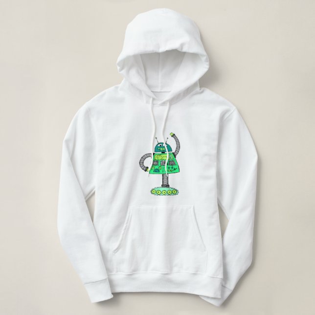 Pull À Capuche Robot Frankie, vert sur blanc (Design devant)