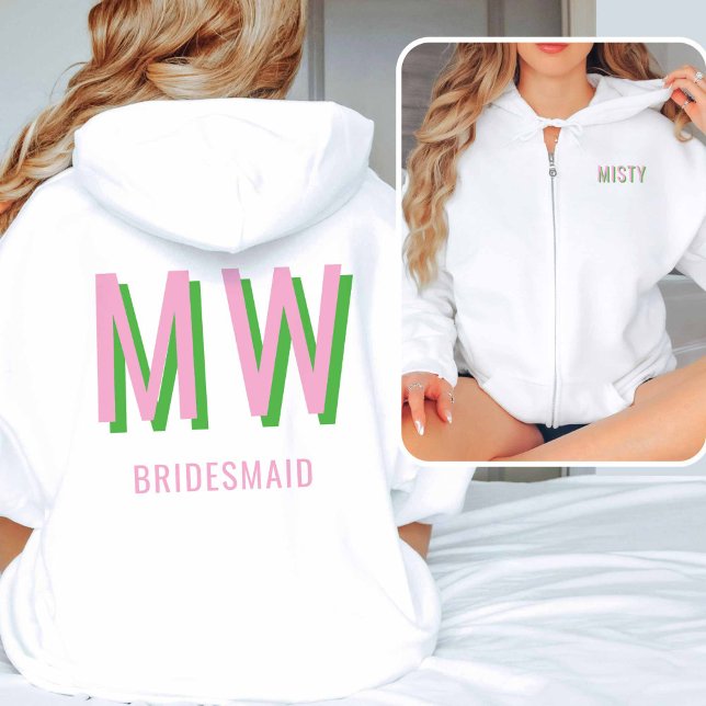 Pull À Capuche Rose clair + Monogramme vert Soirée de mariage Zip (Light Pink + Green Full Zip-up Sweatshirt)