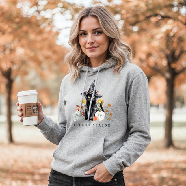 Pull À Capuche Saison effrayante Chat noir Automne Floral Monogra (Spooky Season Black Cat Fall Cozy Floral Monogram Hoodie)