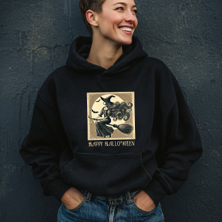 Pull À Capuche Sorcière Vintage sur Balai Pleine Lune & Chauves-s