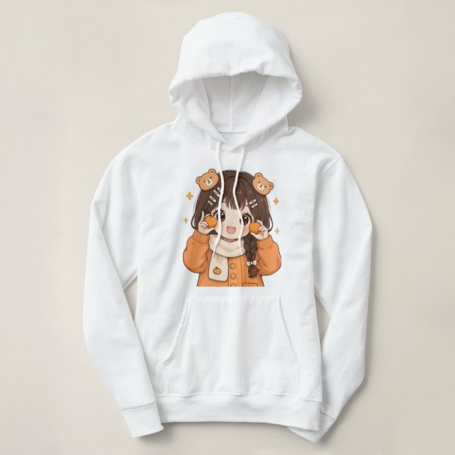 Pull À Capuche Sweatshirt de style anime avec une fille ours mign (Design devant)