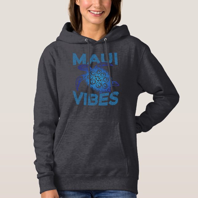 Pull À Capuche Tortue de mer tribale bleue polynésienne Maui Vibe (Devant)