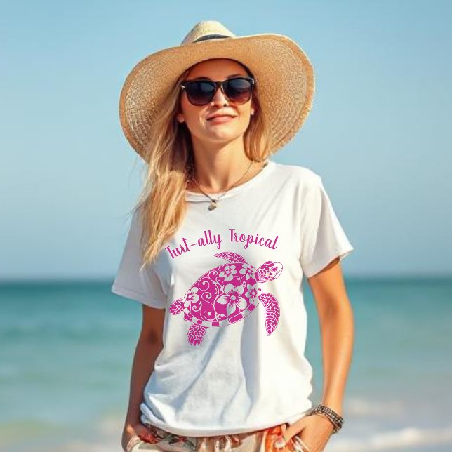 Pull À Capuche Tortue hawaïenne Tropical Pink (Hawaiian Turtle-Turt-ally Tropical-Fisherman Core, Coastal, Islander, Beach, Summer, Women T shirt)