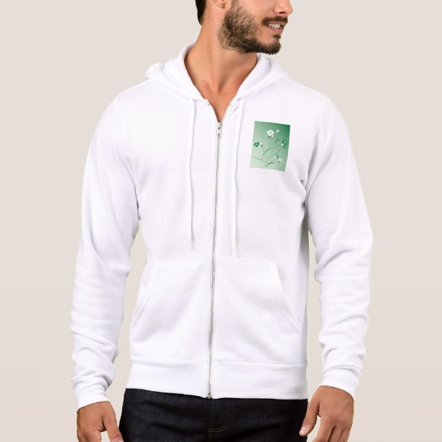 Pull À Capuche Tourbillons Floraux Verts et Fleurs Blanches (Devant)
