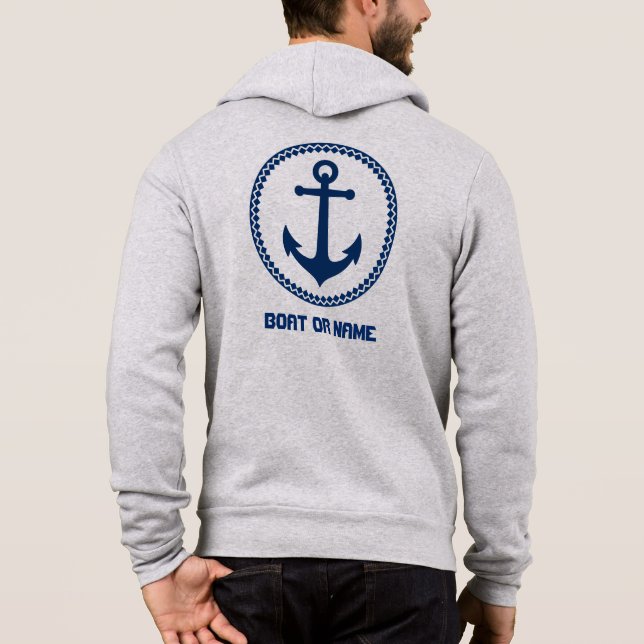 Pull À Capuche Votre nom ou bateau Nautical Sea Ancre Blue Grey (Dos)