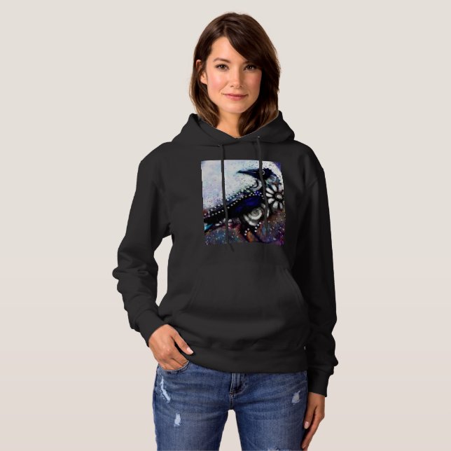 Pull À Capuche Whimsical Raven Lune Floral Noir Blanc Bleu (Devant entier)