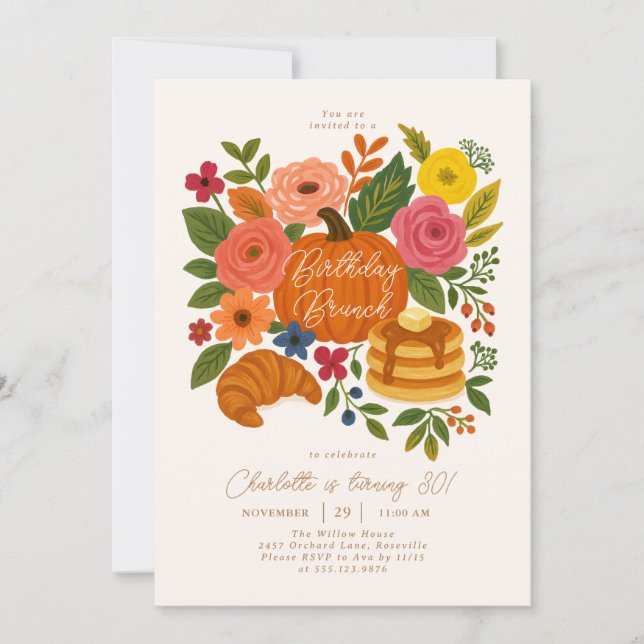 Pumpkin Floral Birthday Brunch Invitation Fall (Devant)