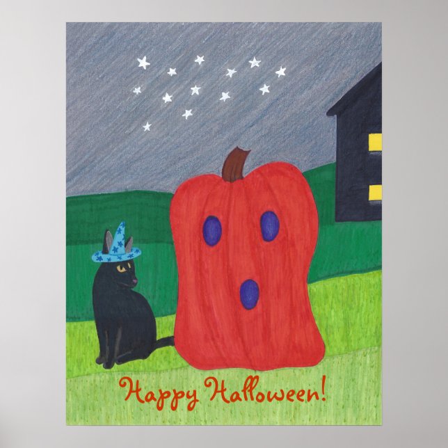Pumpkin Ghost and Wizard Cat Halloween Posters (Devant)
