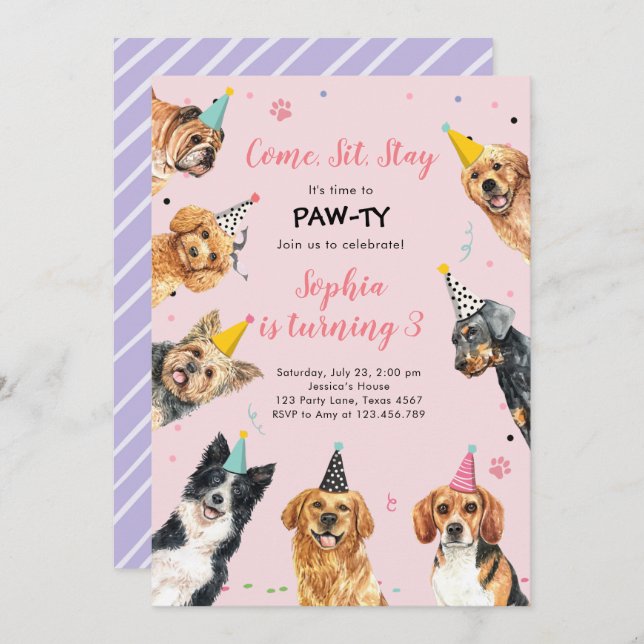 Puppy Anniversaire Invitation Chien Party Pawty Gi (Devant / Derrière)