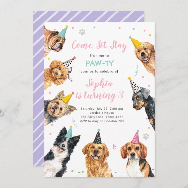 Puppy Anniversaire Invitation Chien Party Pawty Gi (Devant / Derrière)