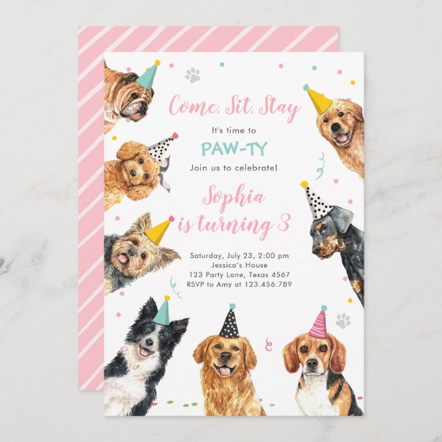 Puppy Anniversaire Invitation Chien Party Pawty Gi (Devant / Derrière)