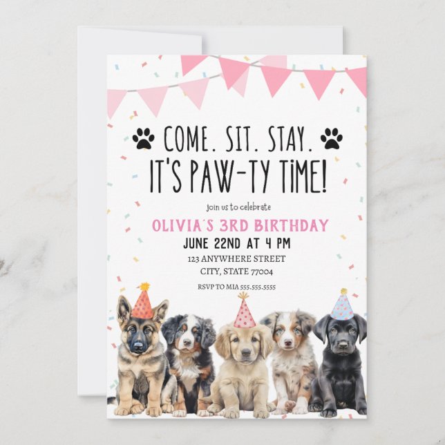 PUPPY BANTHDAY INVITATION FILLE LONS'S PAWTY INVIT (Devant)