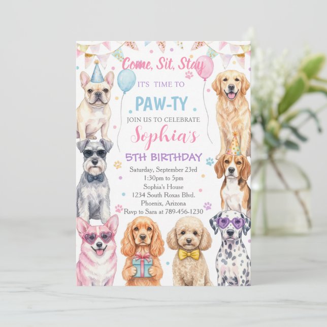 Puppy Birthday Invitation Dog Party Pawty Girl (Debout devant)