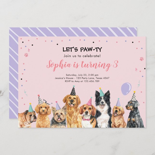 Puppy Birthday Invitation Dog Party Pawty Pink (Devant / Derrière)