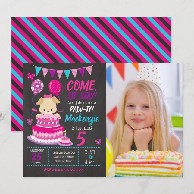 Puppy Birthday Invitation Girl Paw-ty Party (Devant / Derrière)