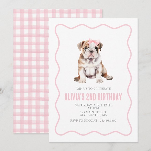 Puppy bulldog preppy plaid birthday invitation (Devant / Derrière)