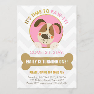 Puppy invitation chien rose et or Paw-ty