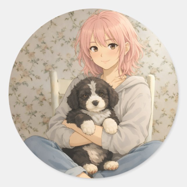 Puppy Love Round Sticker Cute Dog Vibes (Devant)