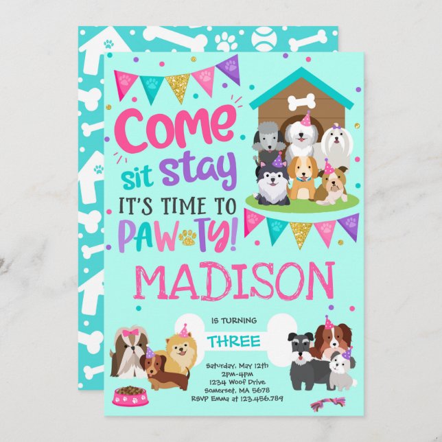 Puppy Party Invitation Pink Doggy Anniversaire Paw (Devant / Derrière)