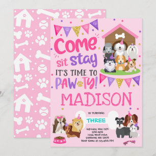 Puppy Party Invitation Pink Doggy Anniversaire Paw