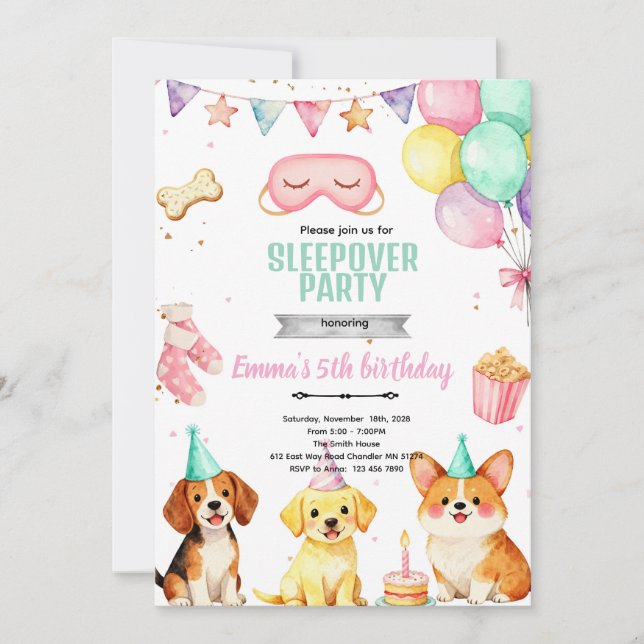 Puppy Sleepover birthday Party Invitation (Devant)