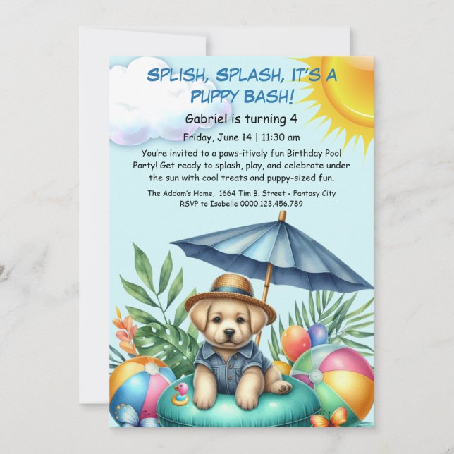 Puppy Splash Anniversaire Pool Party Invitation (Devant)