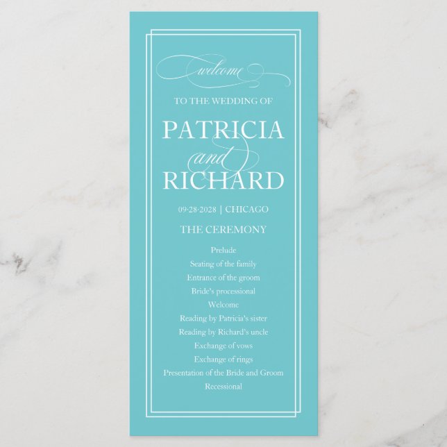 Purist Blue Elegant Wedding Ceremony Programme (Devant)