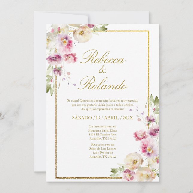 Purpl flower Elegant Wedding Invitation en espagno (Devant)