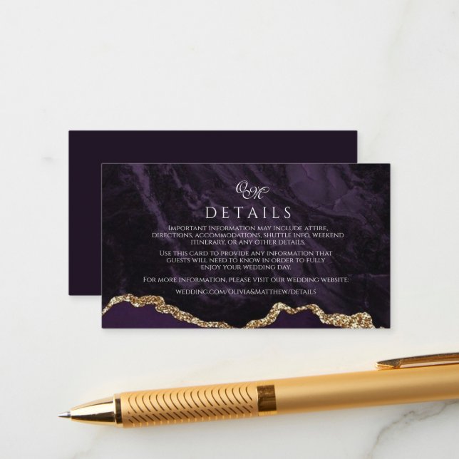 Purple Agate & Gold Mariage Script Détails Cartes (Devant/Arrière en situation)