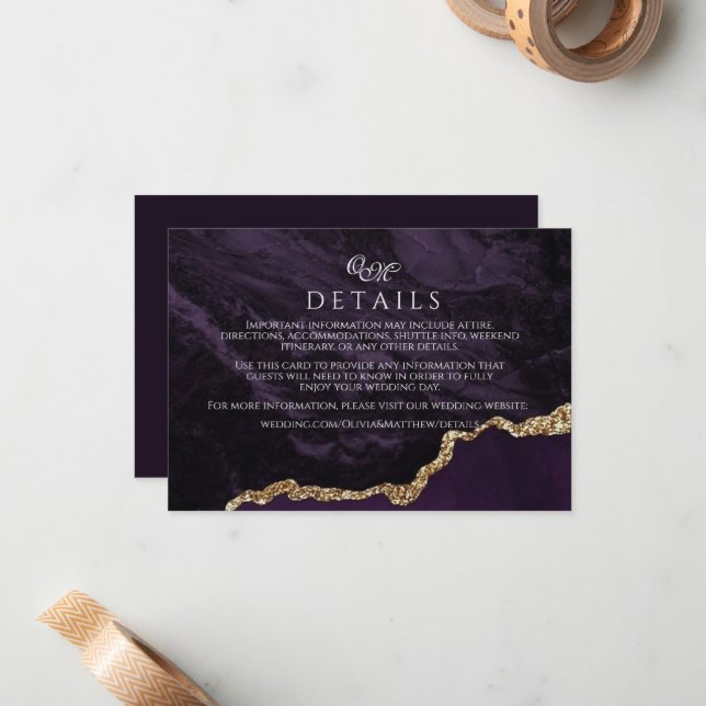 Purple Agate & Gold Mariage Script Détails Cartes (Devant/Arrière en situation)