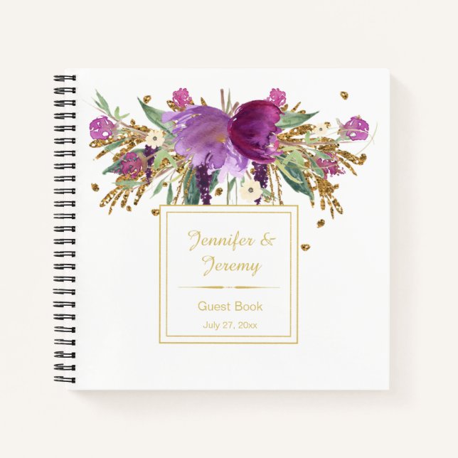 Purple Amethyst Gold Floral Livre d'invités | (Devant)