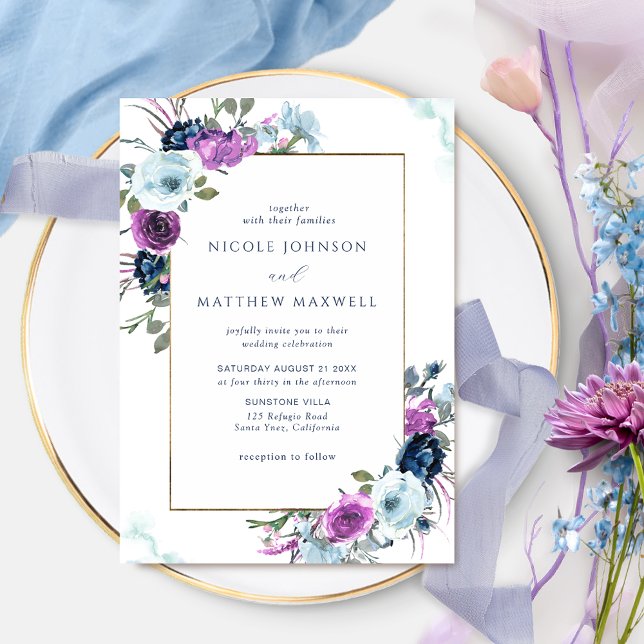 Purple and Blue Floral Elégant Mariage Invitation (Créateur téléchargé)