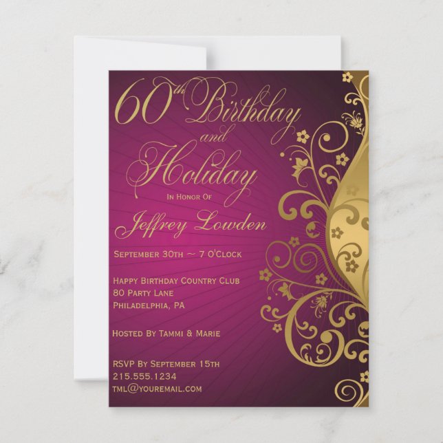 Purple and Gold 60th Birthday & Holiday Invitation (Devant)