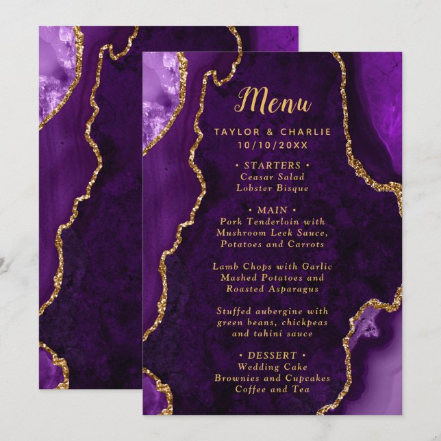 Purple and Gold Agate Wedding Menu (Devant / Derrière)
