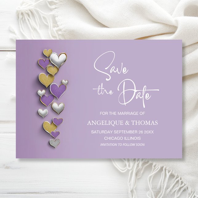 Purple and Gold Hearts Wedding Save the Date (Créateur téléchargé)
