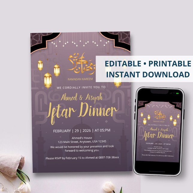 Purple and Gold Islamic Lanterns Iftar Invitation (Créateur téléchargé)