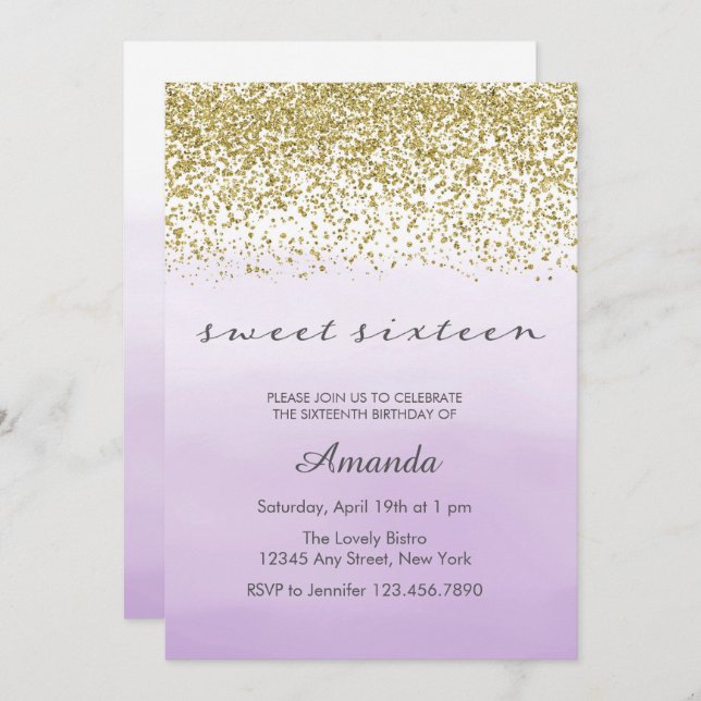Purple and Gold Sweet 16 Invitation d'anniversaire (Devant / Derrière)