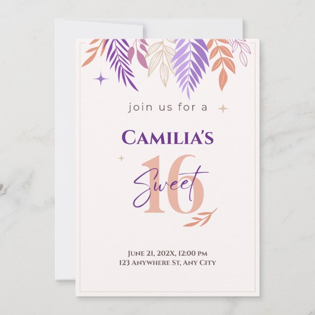 Purple and Peach Botanical Sweet 16 Invitation (Devant)
