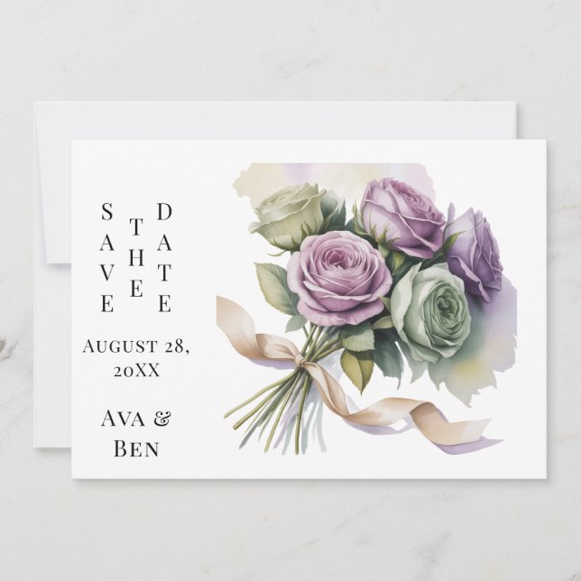 Purple and Sage Green Wedding Save The Date Cards (Devant)