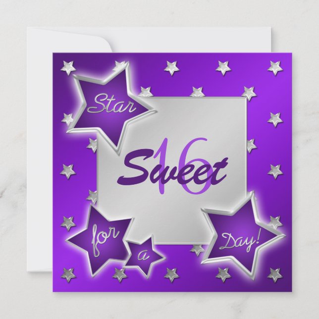 Purple and Silver Stars Sweet 16 Invitation (Devant)