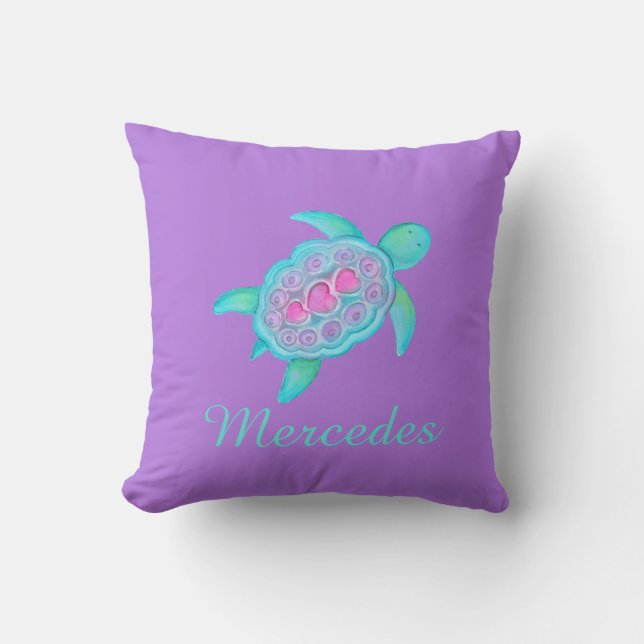 Purple aqua filles nom tortue art coussin coussin (Recto)