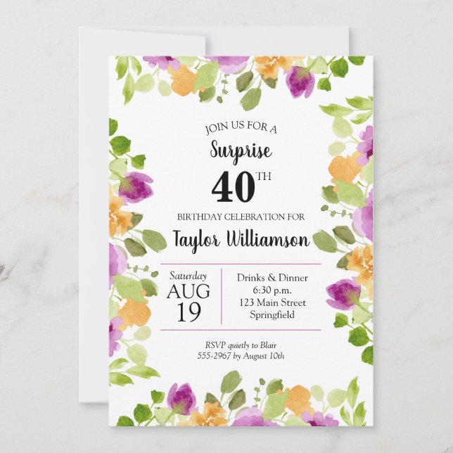 Purple Aquarelle Fleurit Invitations Anniversaires (Devant)