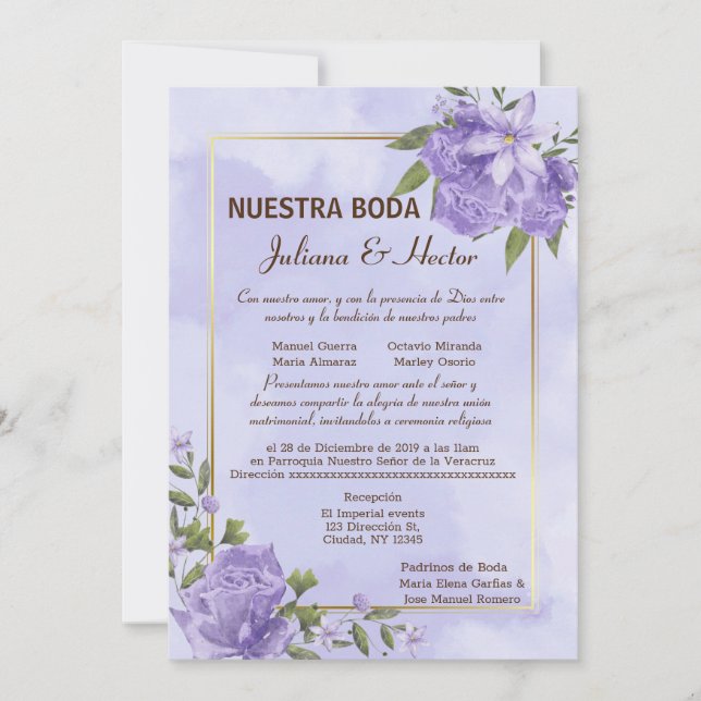 Purple Aquarelle Nuestra Boda Invitation (Devant)