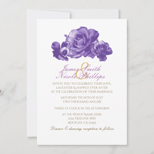 Purple Aquarelle Vintages Roses Invitations (Devant)