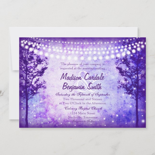 Purple Arbres Chaîne Lumières Mariage Invitations (Devant)